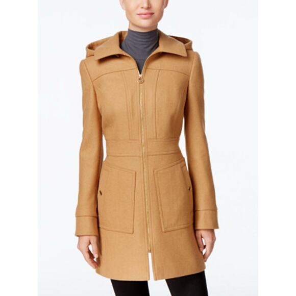 Michael Kors Jackets & Blazers - Michael Kors Beige Camel Tan Wool Blend Trench Overcoat Detachable Hood Womens L